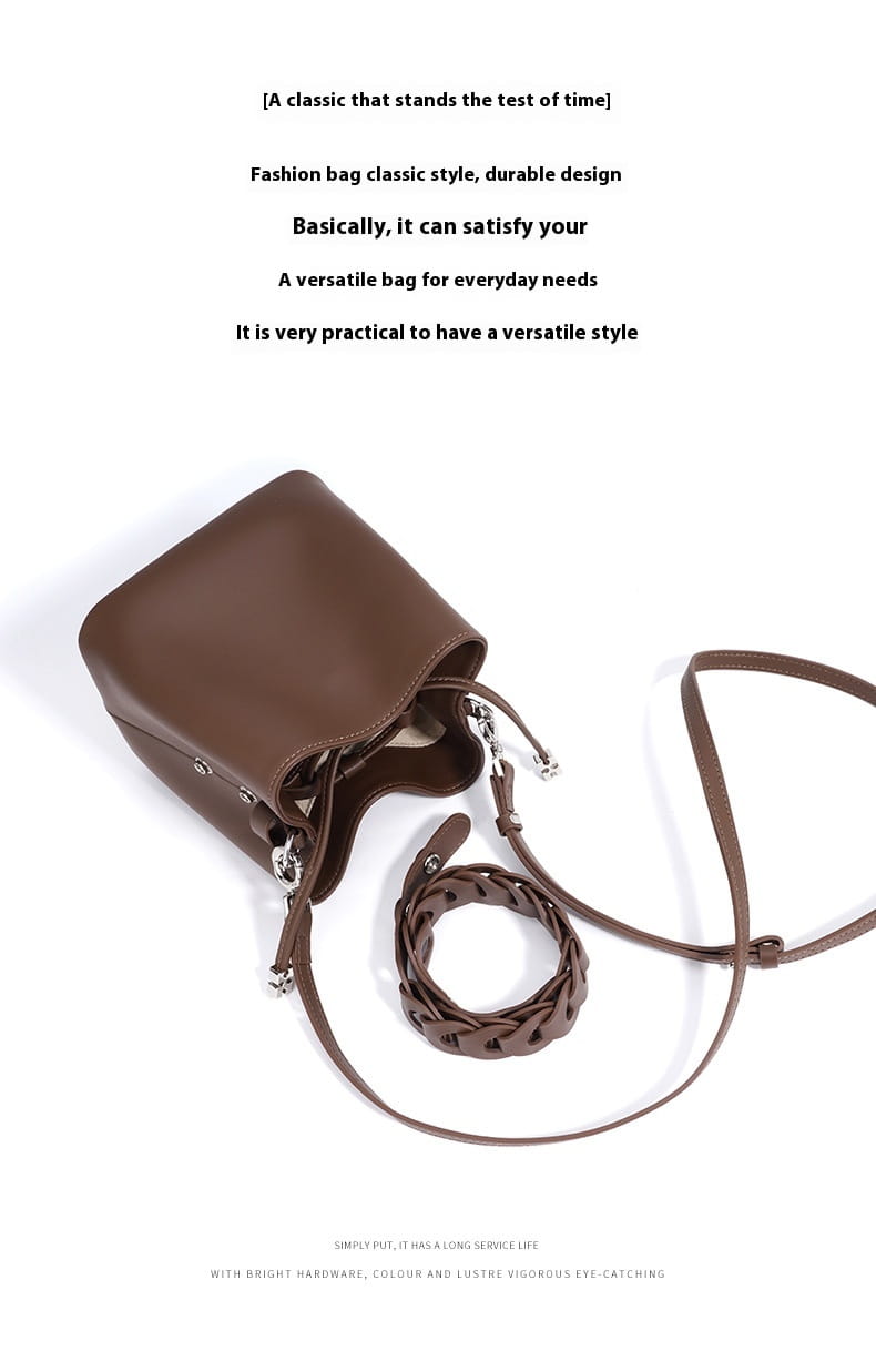 Cowhide Cross Body Bucket Bag med bomullsforfôr og åpen lomme medium størrelse