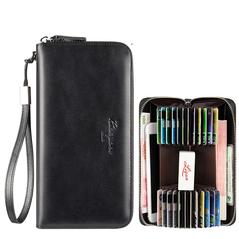 Leather Bank Card Holder Clutch Bag with Zipper and Key Slot