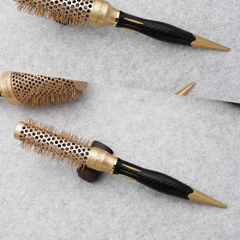 Golden Nylon Wool Ceramic Tube Rolling Comb with Pointed Tail for Hair Styling