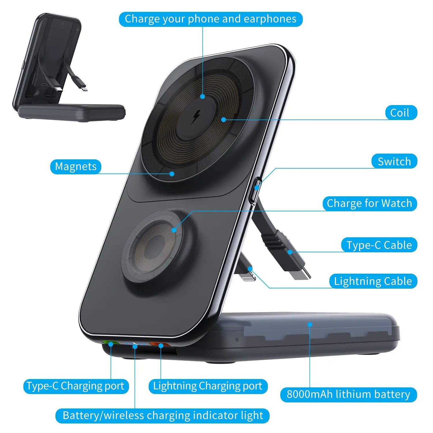 8000mAh Wireless Magnetic Power Bank with Cable Output for Fast Charging