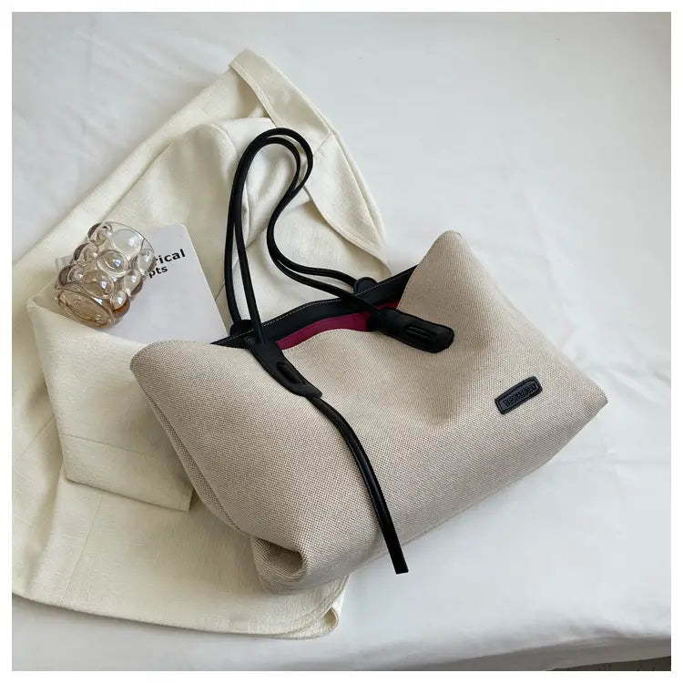 Canvas Shoulder Bag Large Oxford Tote Black Brown Double Strap for Travel Work