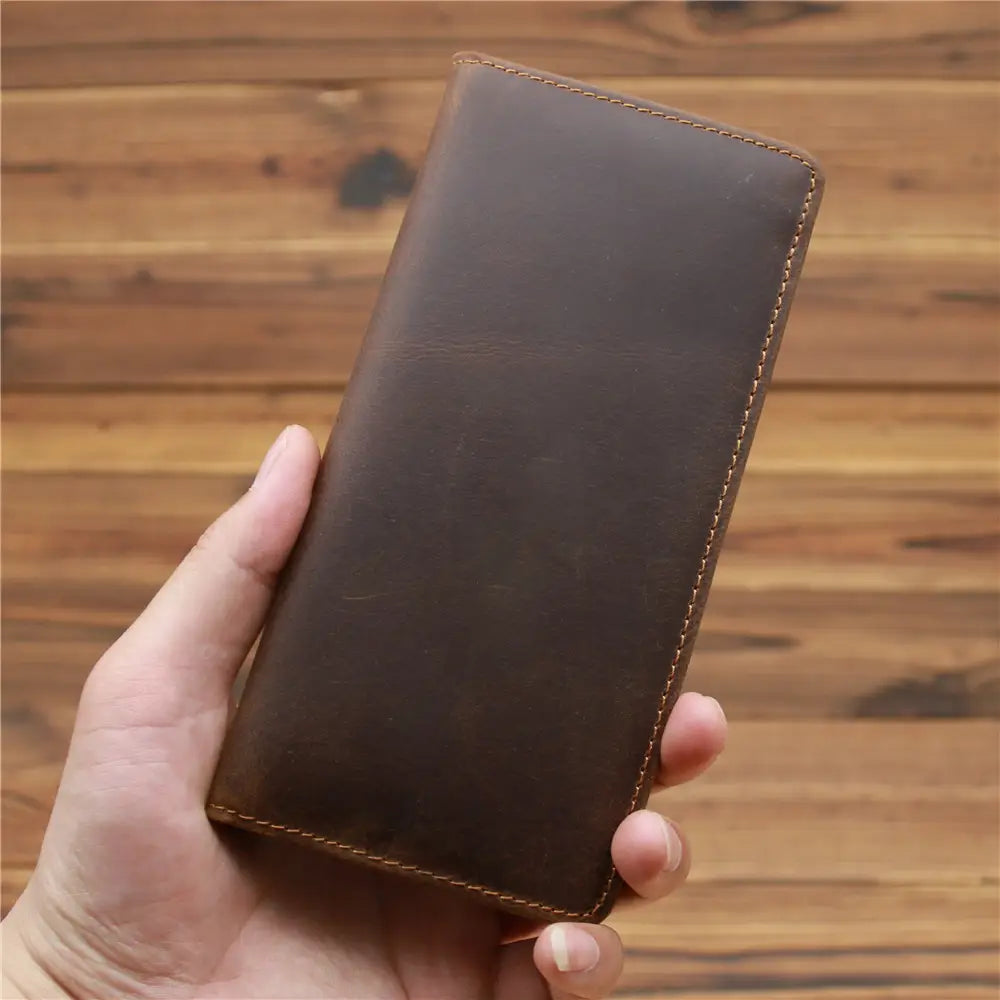 European Retro Leather Long Wallet for Men in Dark and Reddish Brown