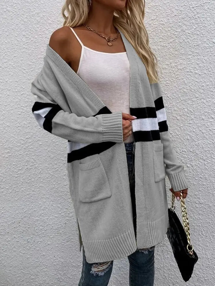 Contrast Color Striped Cardigan Gray Apricot Street Fashion Acrylic Sweater