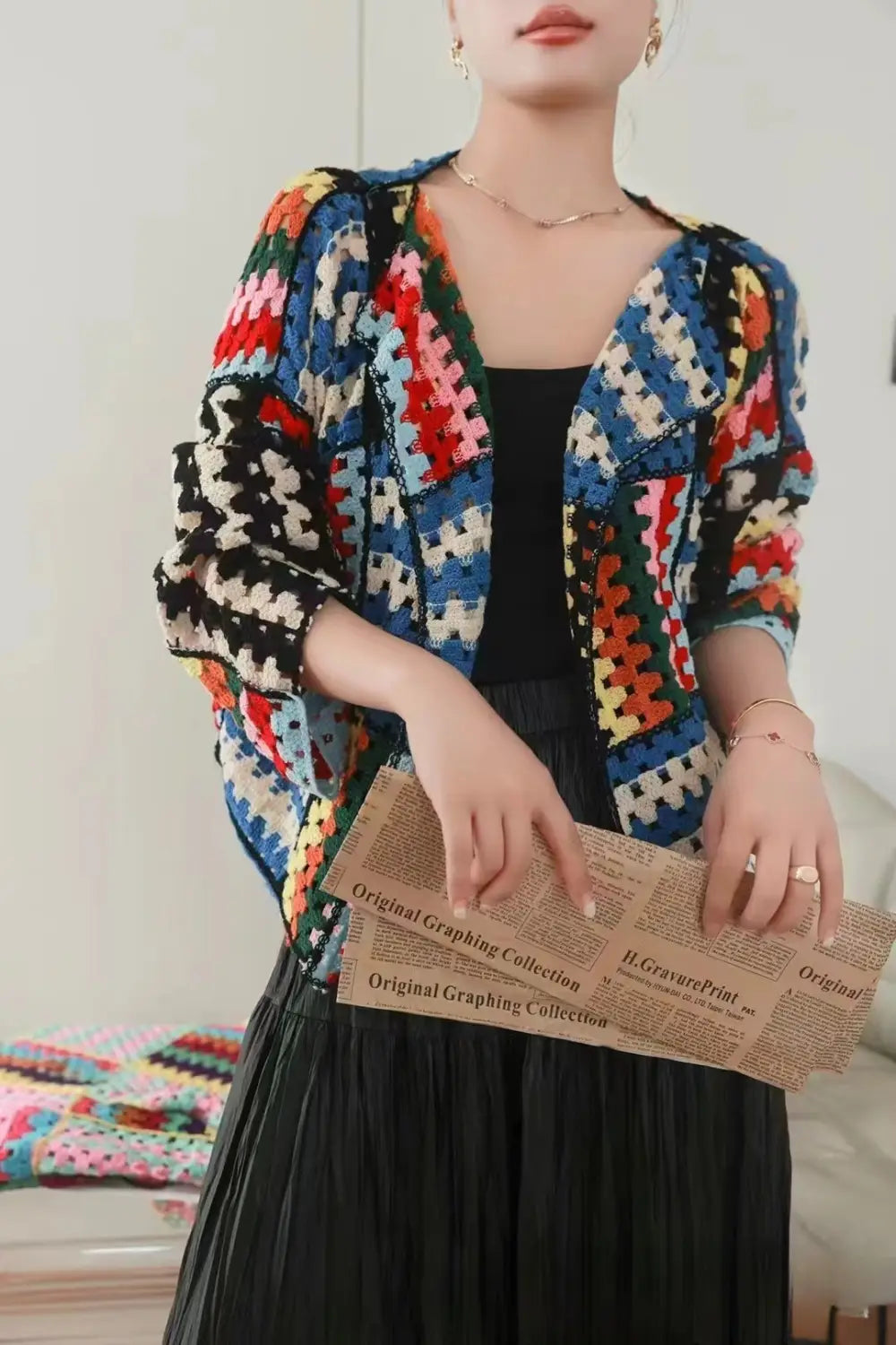 Cotton cardigan scaoilte scaoilte fada sleeve fada bándearg gorm dearg gorm dearg