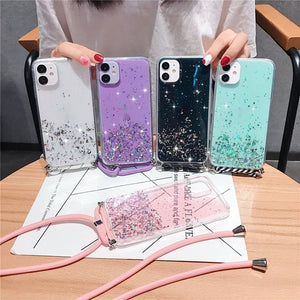 Funda para teléfono con cordón cruzado de brillo estrellado, resistente a caídas, cubierta protectora de epoxy 