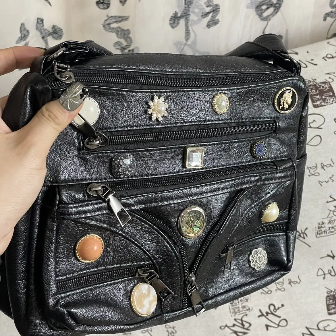 Washed Shoulder Messenger Bag with Vintage Button and Soft PU Lining