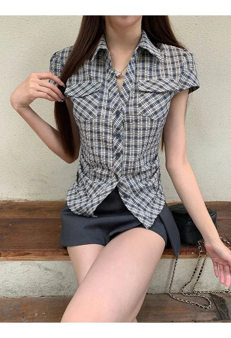 Plaid Cotton Short Sleeve Shirt for Women Men Loose Fit Spring Summer