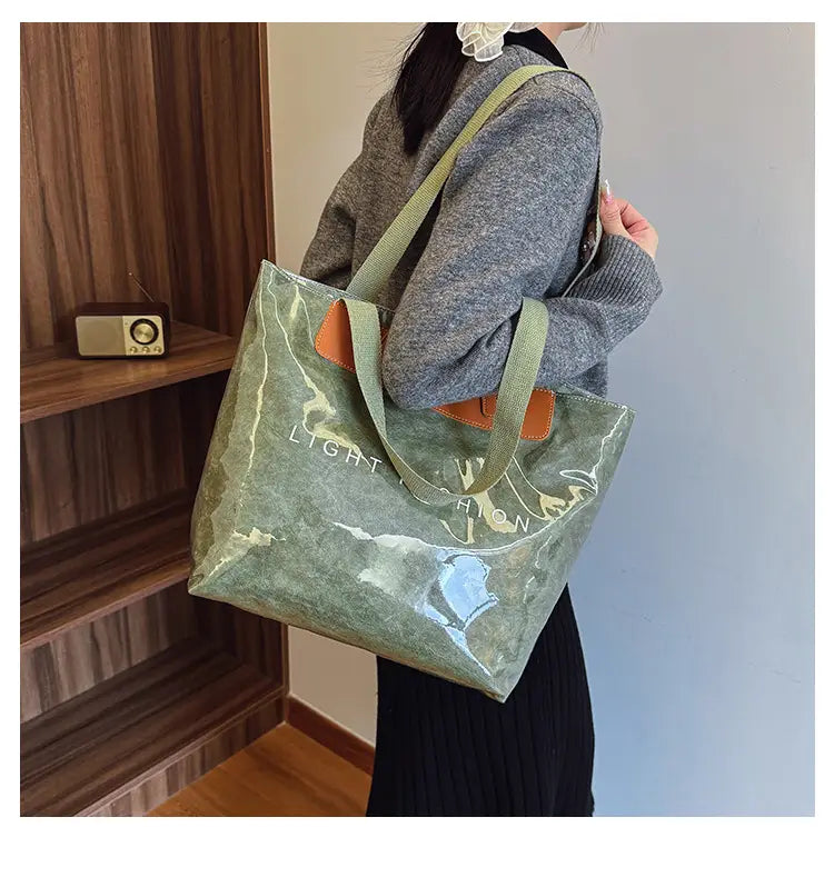 Kraft Paper Shoulder Bag Medium Square Tote in Neutral and Green Colors