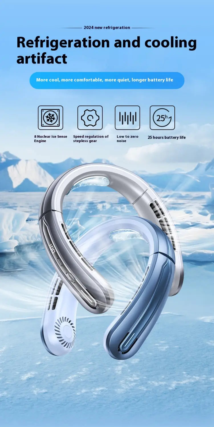 Outdoor Sports Portable Hanging Neck Fan with Digital Display and Lithium Battery