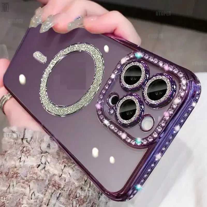 Rhinestone Magnetic Phone Case with Shockproof and Heat Dissipation Features