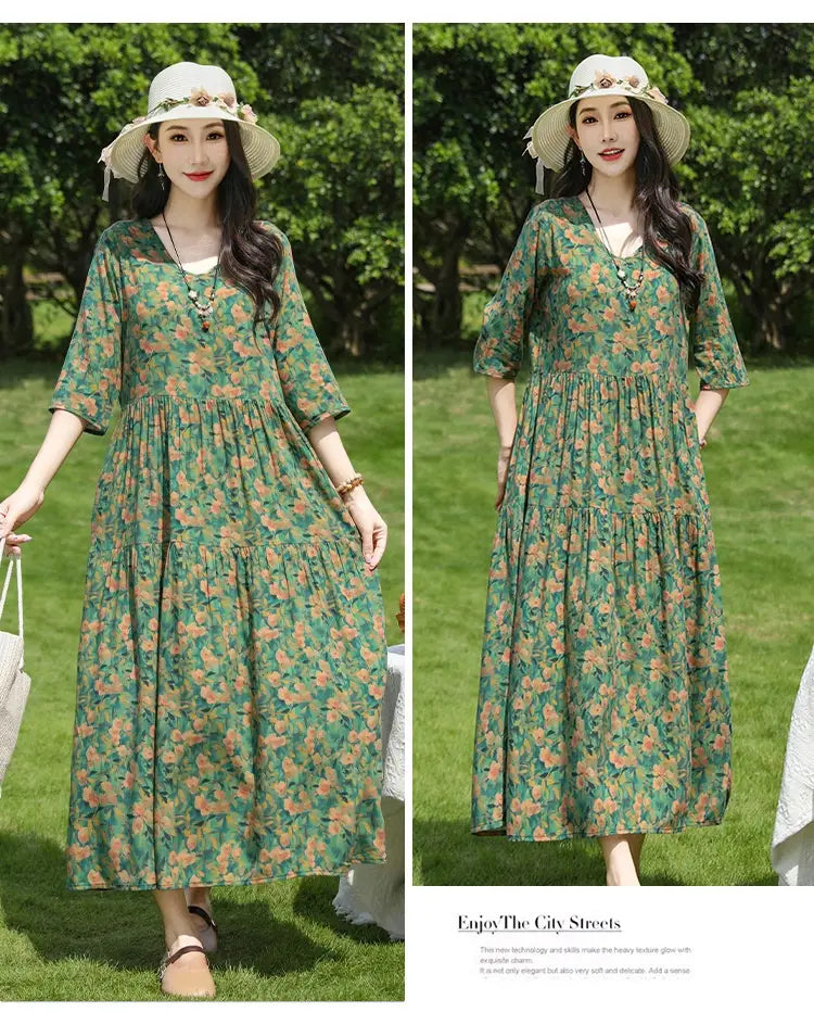 Plus-kokoinen Retro Art A-Line MIDI -hame Viscoosi Lyhythihainen mekko Naiset