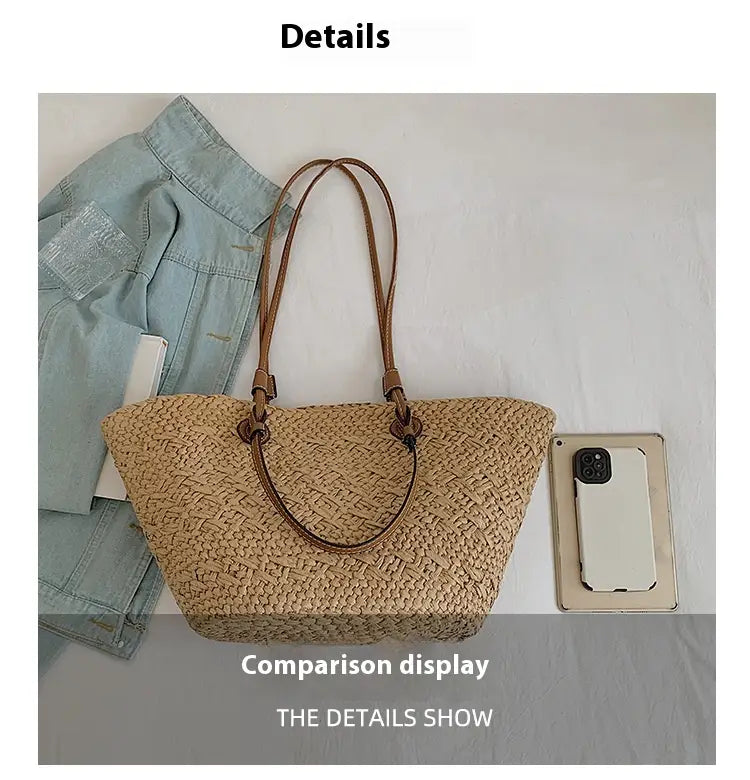 Woven Seaside Beach Bag with Open Pocket and Portable Straw Design