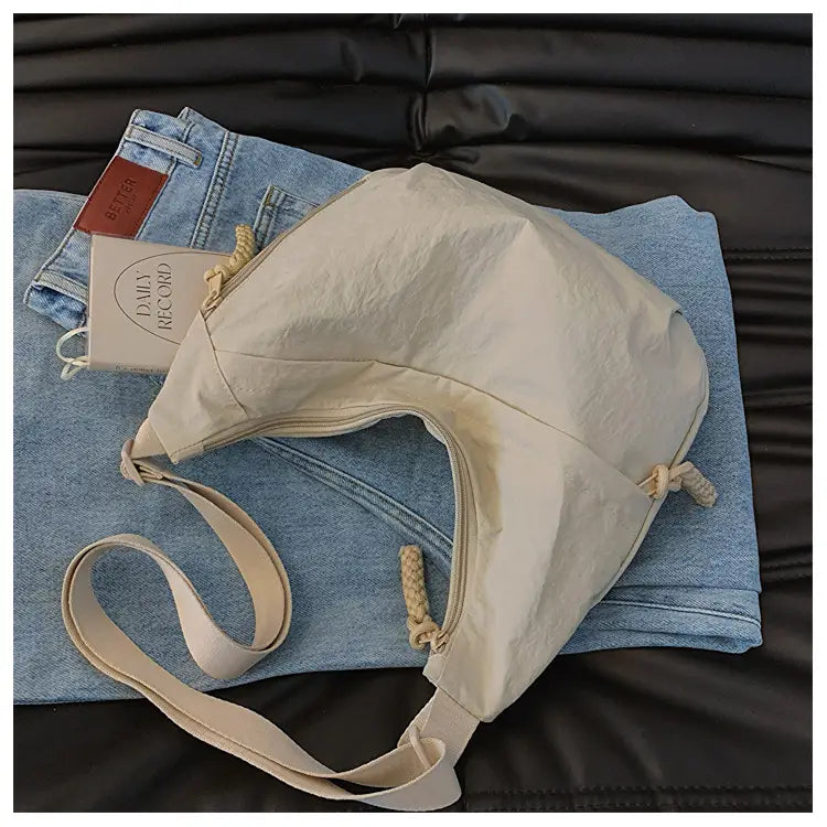 Nylon Messenger Bag Beige Black Travel Crossbody Shoulder Suitcase Purse