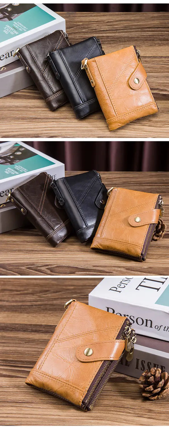 Leather Cortex Wallet with Double Zipper Buckle and Secure Internal Compartments