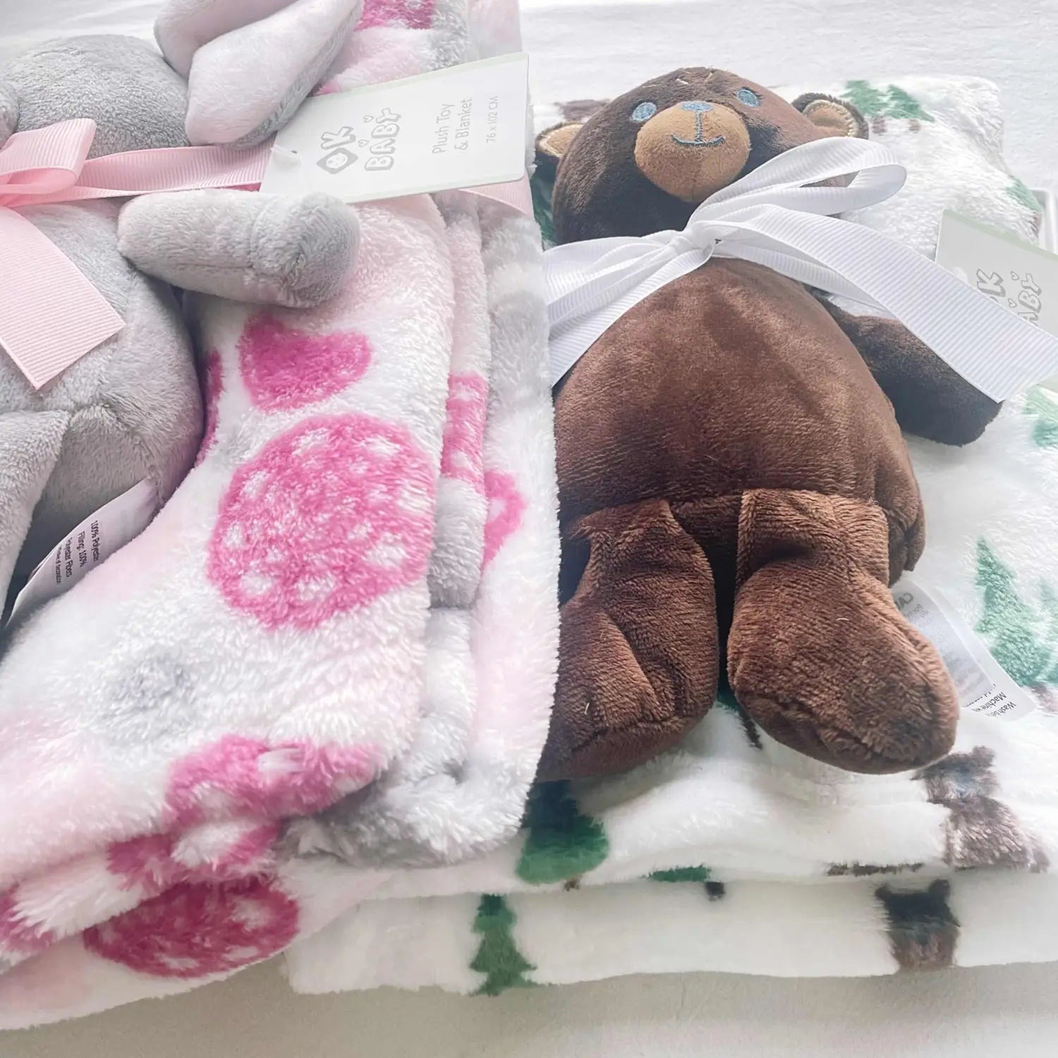 Pink Gray Elephant and Brown Bear Baby Blanket with Doll in Coral Fleece