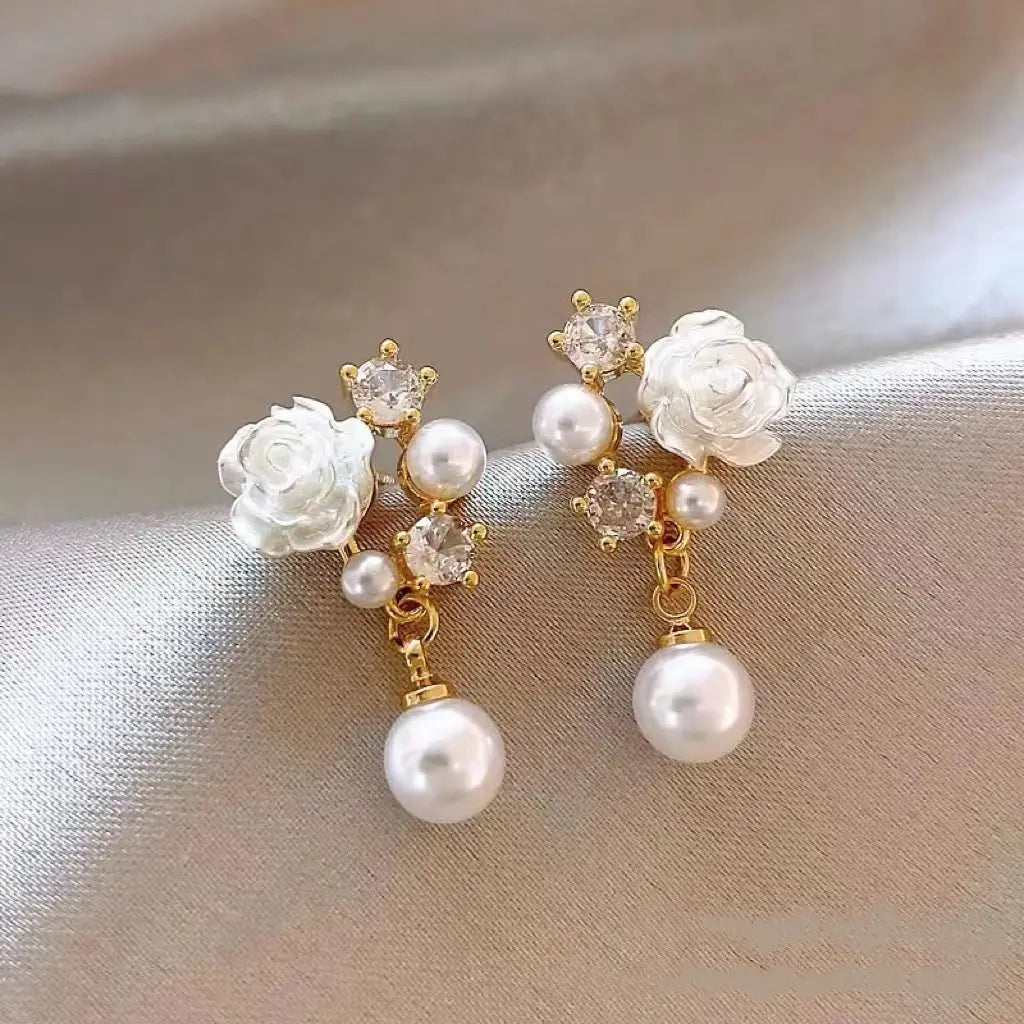 Camellia Pearl Zircon Small Eardrops Earrings Fashion