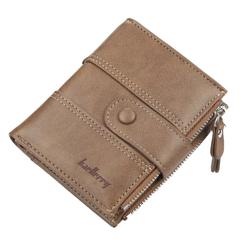 Men’s PU Leather Wallet with Double Zipper and 3 Fold Design in Khaki Black Brown