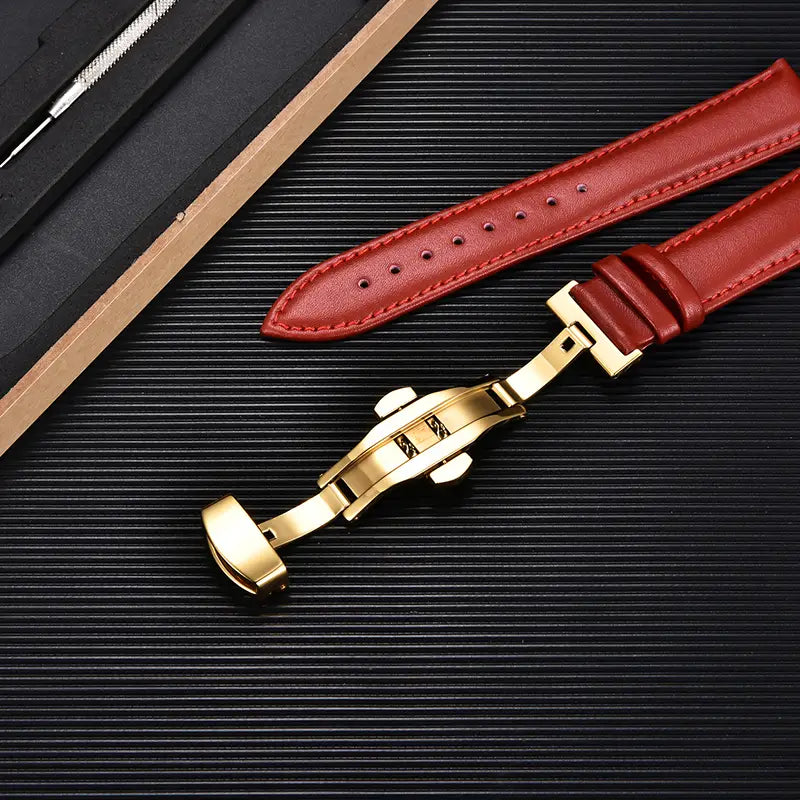 Unisex Double-sided Head Layer Cowhide Buckle Type Leather Watch Strap Bow Buckle Premium Needle Pattern