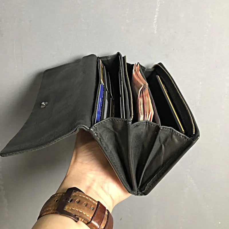 Black Cowhide Money Clip with Hidden Zipper and European Style Stitching