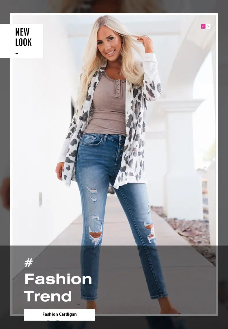 Liopard Priontáil Polar Poll Pollee Pocket Cardigan Loose Fit Streetwear Streetwear na mBan