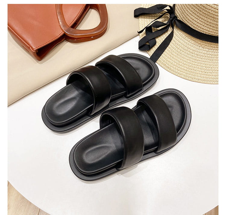 Black Sheepskin Flat Heel Slippers with Rubber Foam Sole