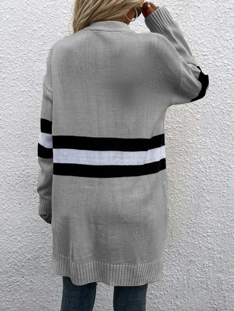 Contrast Color Striped Cardigan Gray Apricot Street Fashion Acrylic Sweater