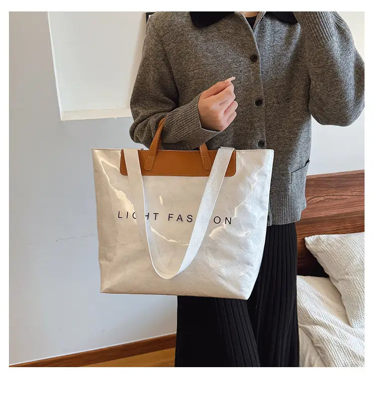 Kraft Paper Shoulder Bag Medium Square Tote in Neutral and Green Colors