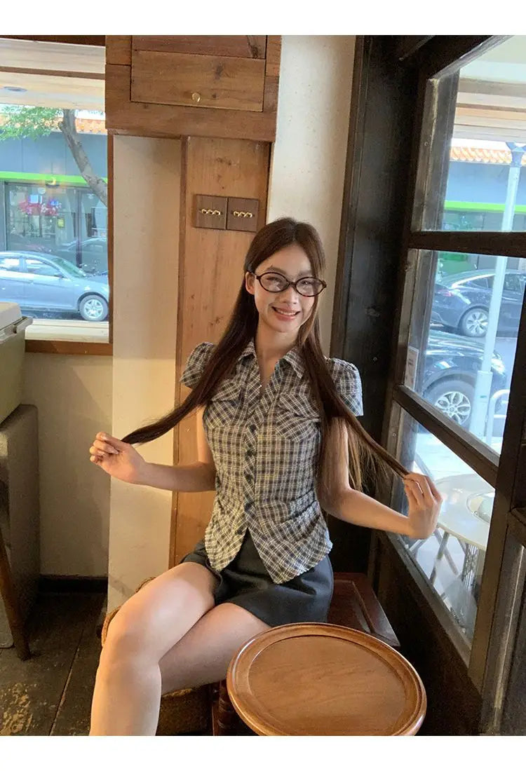 Plaid Cotton Short Sleeve Shirt for Women Men Loose Fit Spring Summer