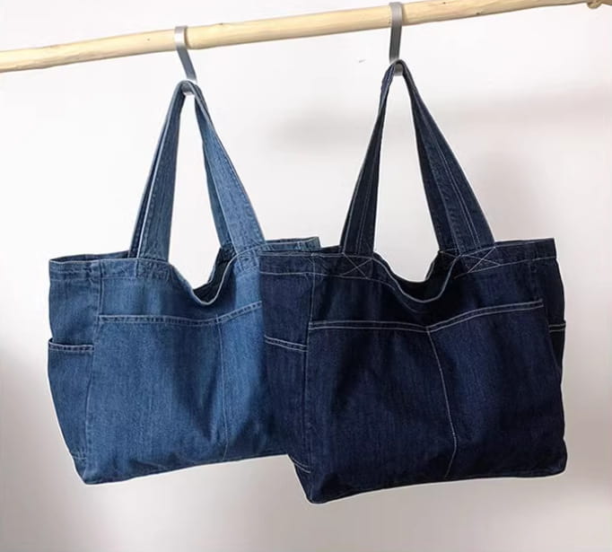 Denim Shoulder Bag Horizontal Square Tote with Outer Pocket and Multiple Colors