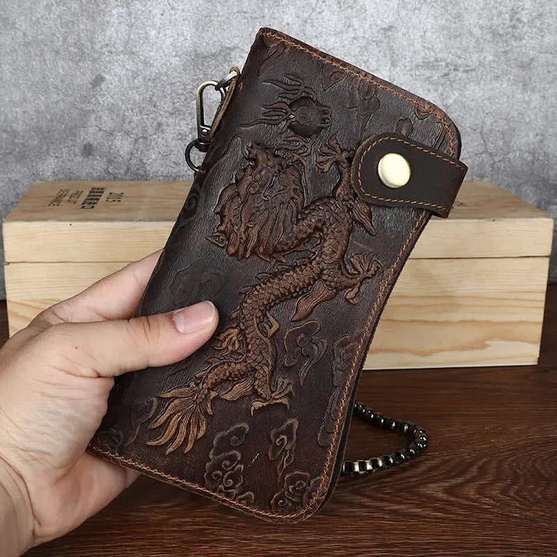 Crazy Horse Leather Wallet with Dragon Pattern for Men in the United States