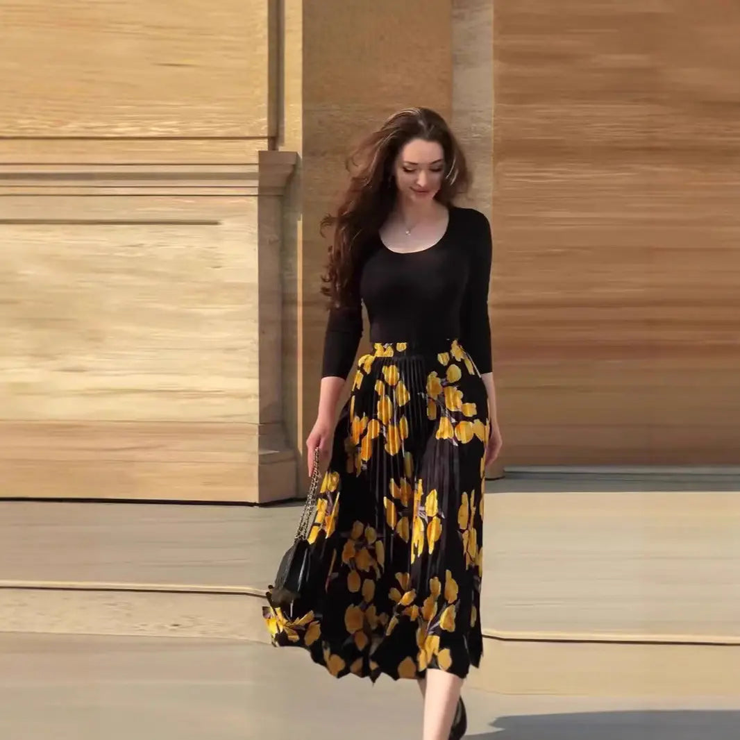 Black Long Sleeve Skirt for Women with Embossed Printing and Comfortable Fit