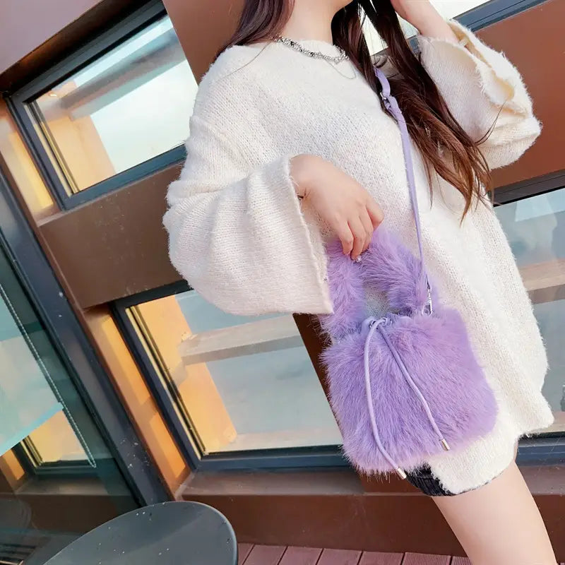 Furry Crossbody Bag Portable Bucket Suitcase with Soft Plush Material