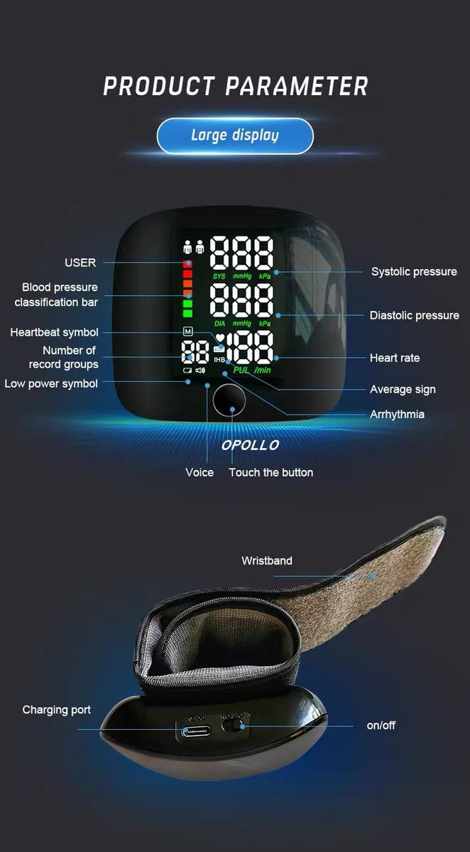 Rechargeable Wrist Sphygmomanometer with Voice in Multiple Languages