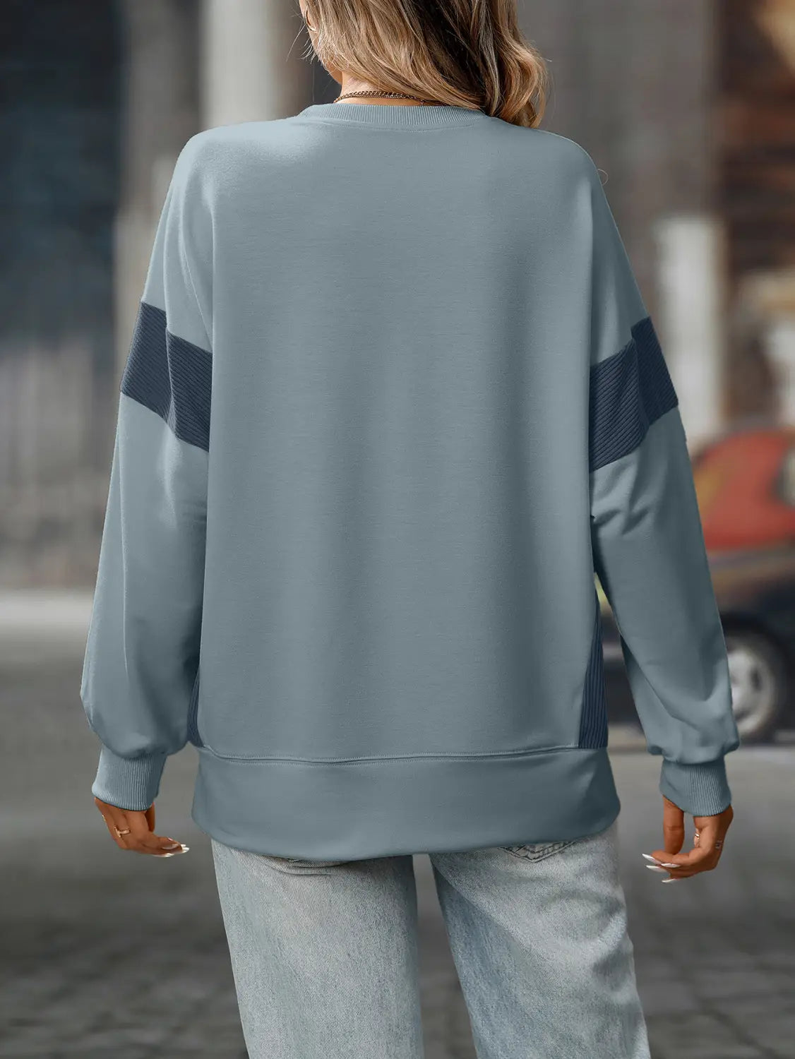 Moda de rua do suéter de pulôver colorida contraste do pescoço redondo para mulheres