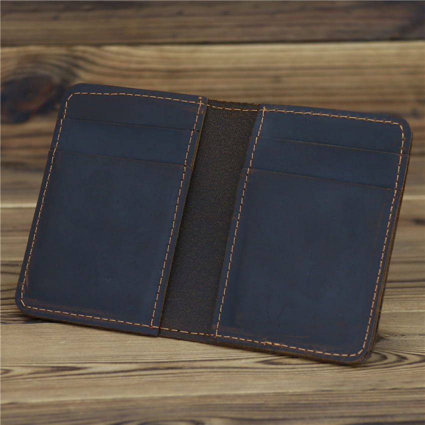Unisex Cowhide Card Case Wallet with 2 Fold Open Mouth Design