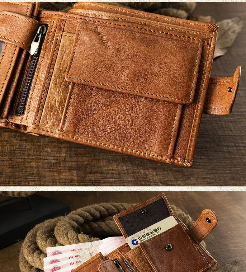 Brown Cowhide Wallet with Card Slots Coin Pocket and Four Compartments for the United States