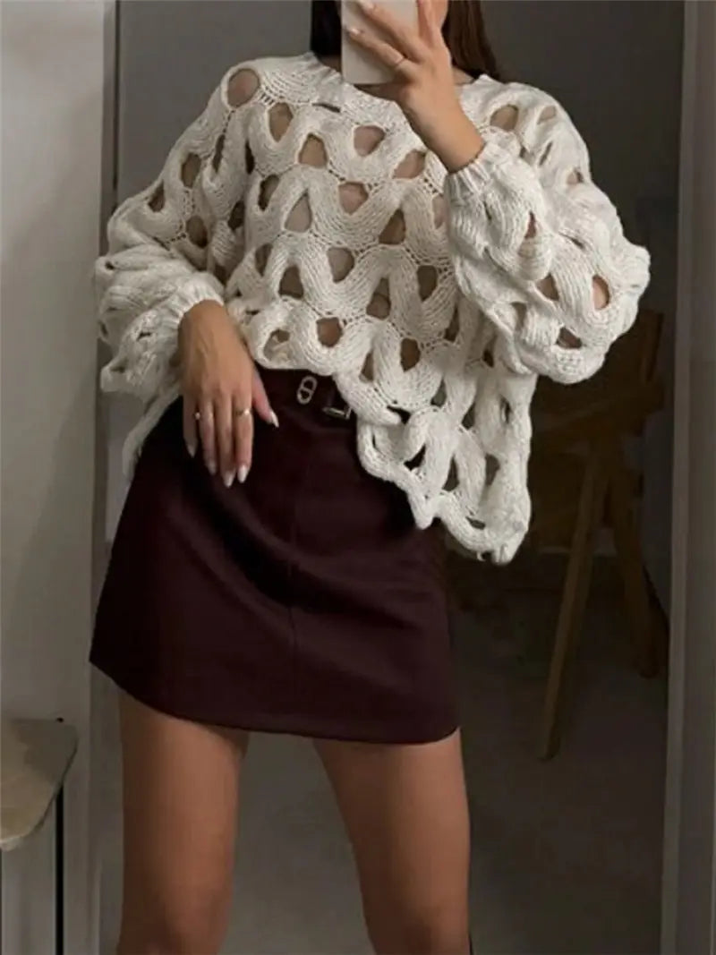 Crocheted Flowers Long Sleeve Pullover Sweater Apricot White S to XL
