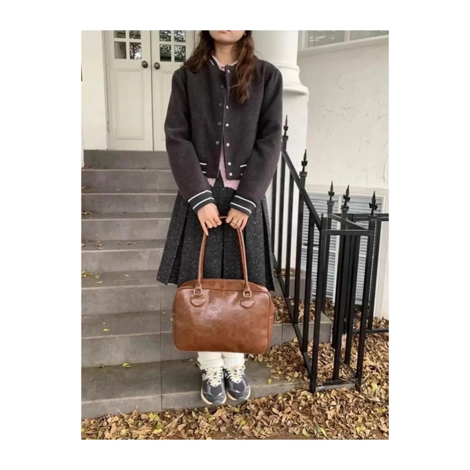 Varine de cuir PU moyen Brown Black épaule de voyage Sac polyester