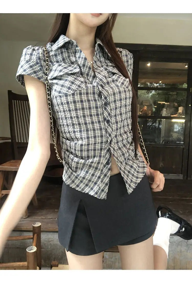 Plaid Cotton Short Sleeve Shirt for Women Men Loose Fit Spring Summer