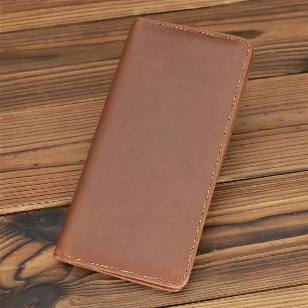 European Retro Leather Long Wallet for Men in Dark and Reddish Brown