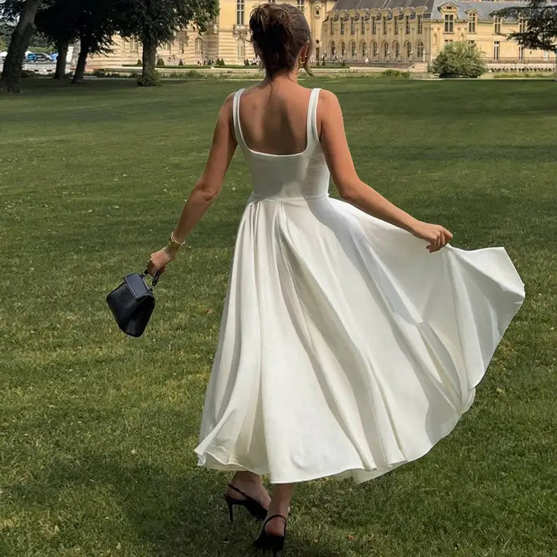 Sleeveless High Waist Midi Dress Milky White Black Blue Polyester S M L