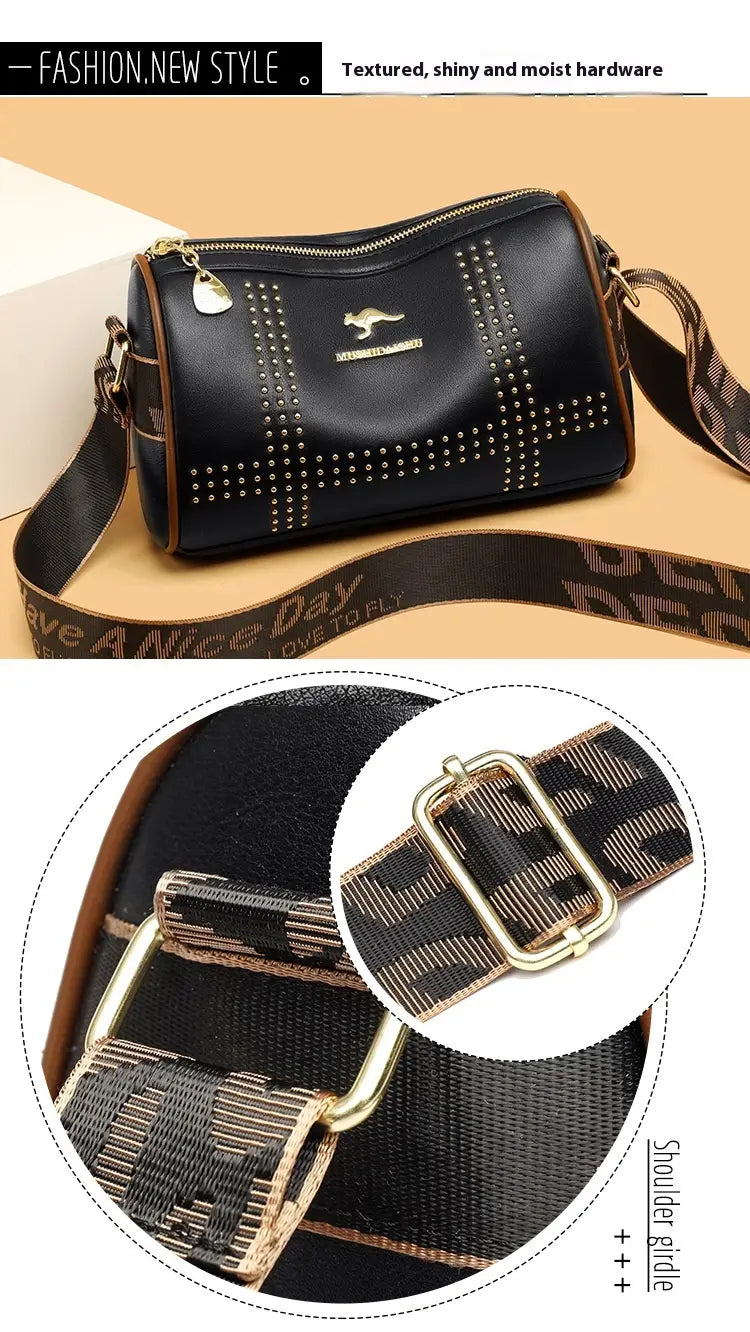 Color Contrast Patchwork Rivet Crossbody Bag with Soft Leather Shoulder Strap