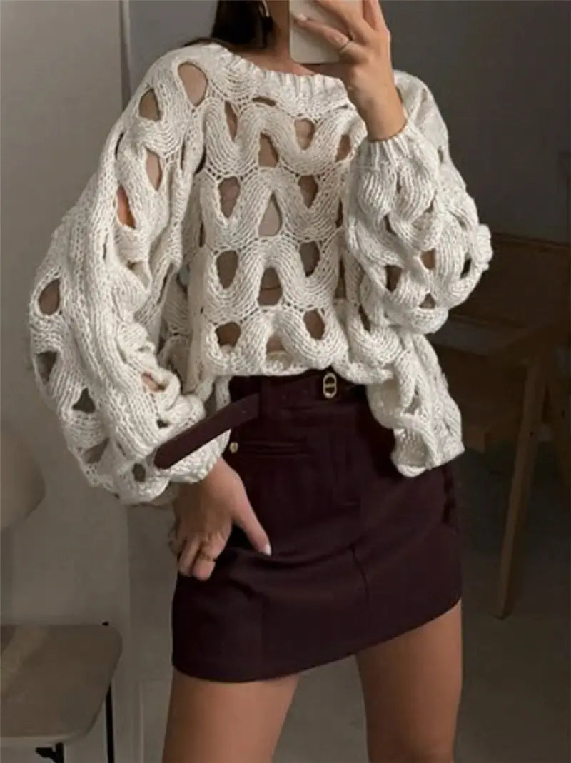 Crocheted Flowers Long Sleeve Pullover Sweater Apricot White S to XL