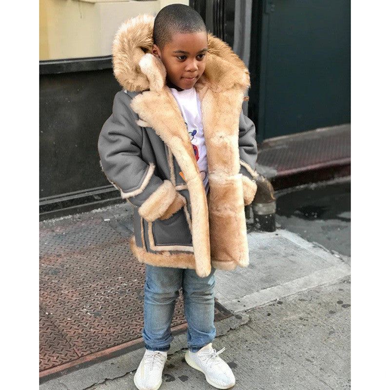 Boys’ Warm Fur All-in-one Fashion Hooded Jacket