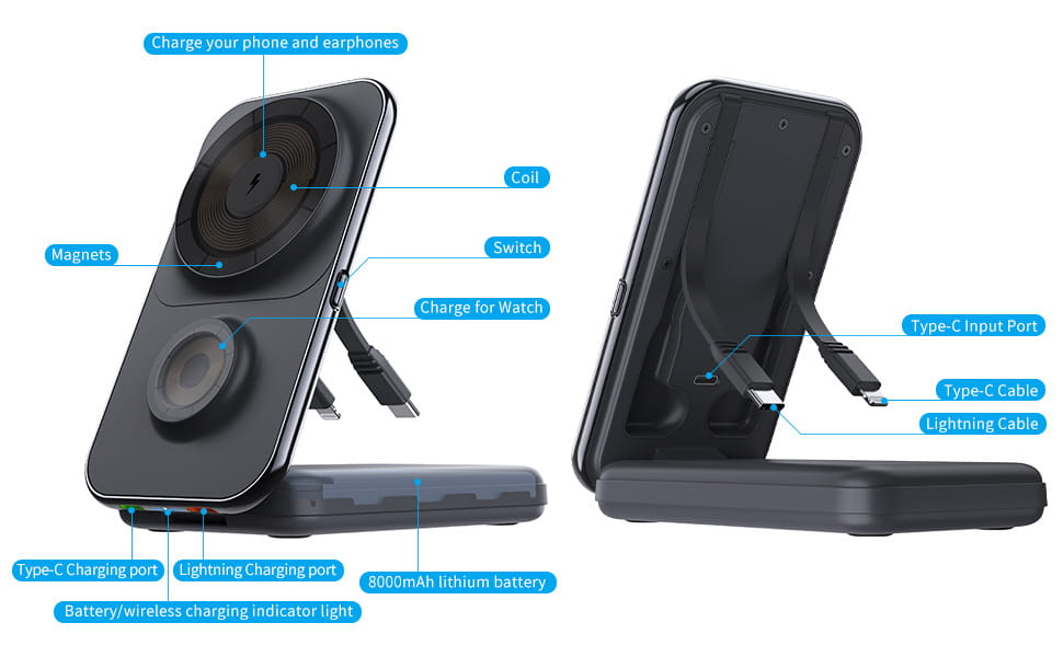 8000mAh Wireless Magnetic Power Bank with Cable Output for Fast Charging