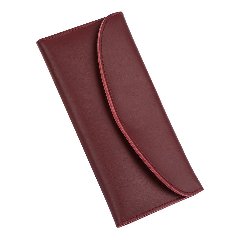 Women’s Leather Simple Wallet Long - Stylish Cow Split Wallet in Wine Red and Brown