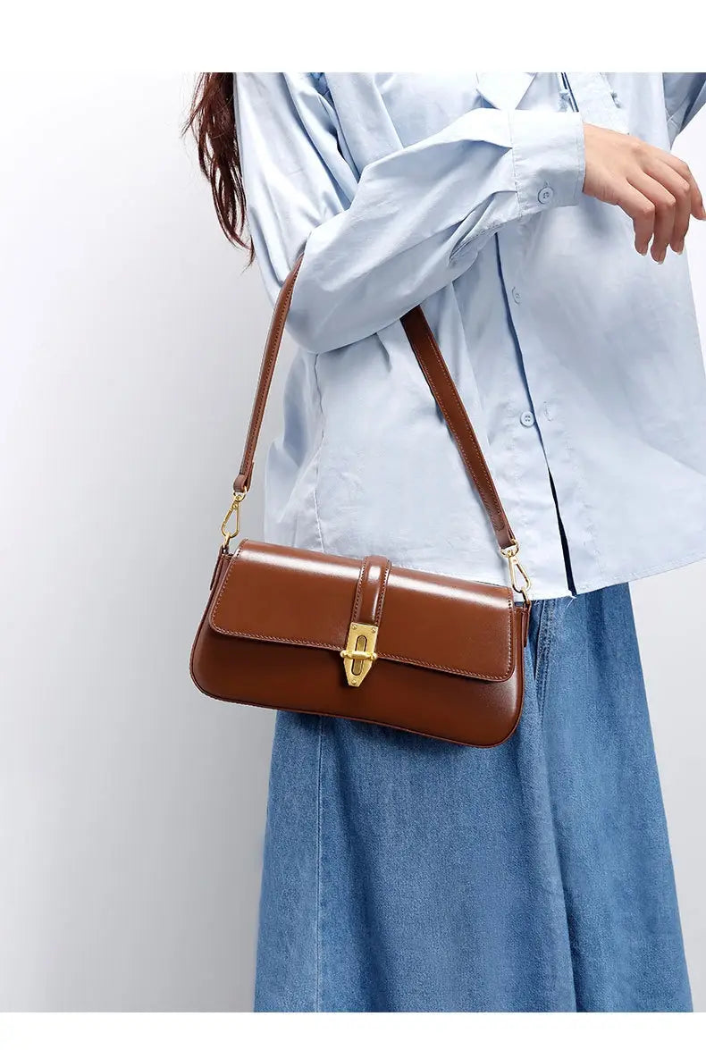 Genuine Leather Baguette Armpit Crossbody Bag with Advanced Texture Wild Design