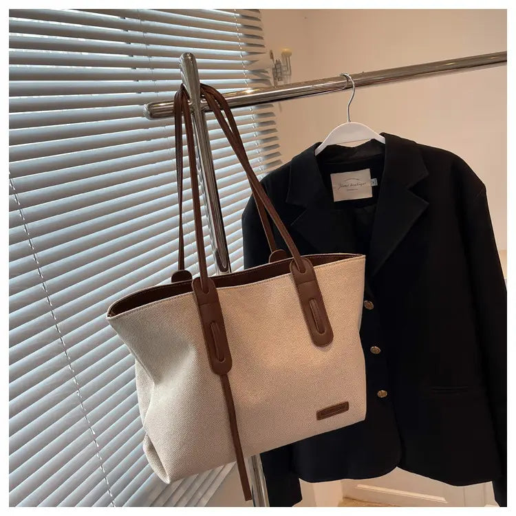 Canvas Shoulder Bag Large Oxford Tote Black Brown Double Strap for Travel Work