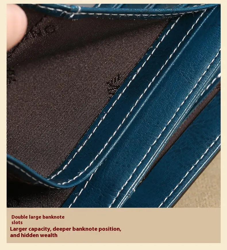 Sparán na mBan leathair gorm le sliotán cárta frith-ghoid agus líneáil poileistir