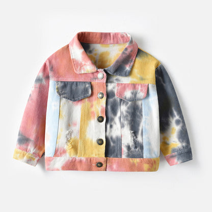 Children’s Multicolor Tie-Dyed Denim Jacket With Lapels And Long Sleeves